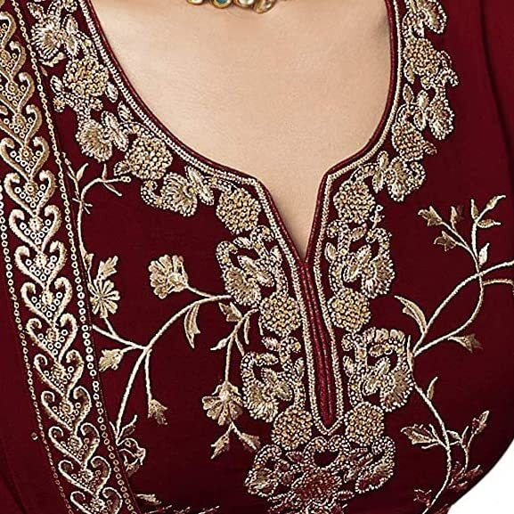 Miss Ethnik Women's Maroon Faux Georgette Semi Stitched Top With Stitched Bottom And Dupatta Embroidered Straight Kurta Dress Material (Kurta Palazzo Set) (Me-1033-M)
