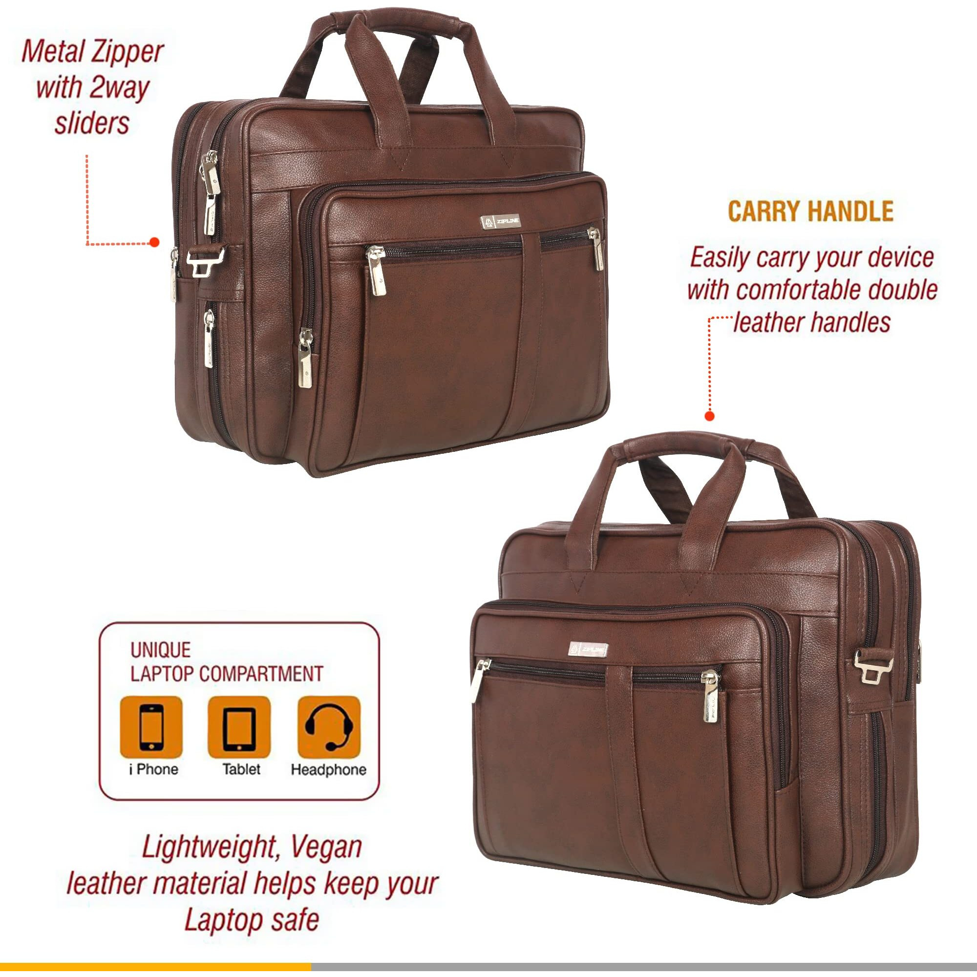 Zipline Office Synthetic Leather Laptop Bag For Men Women, 15.6" Compatible Laptop Messenger Bags For Men & Women (1-Brown Bag)