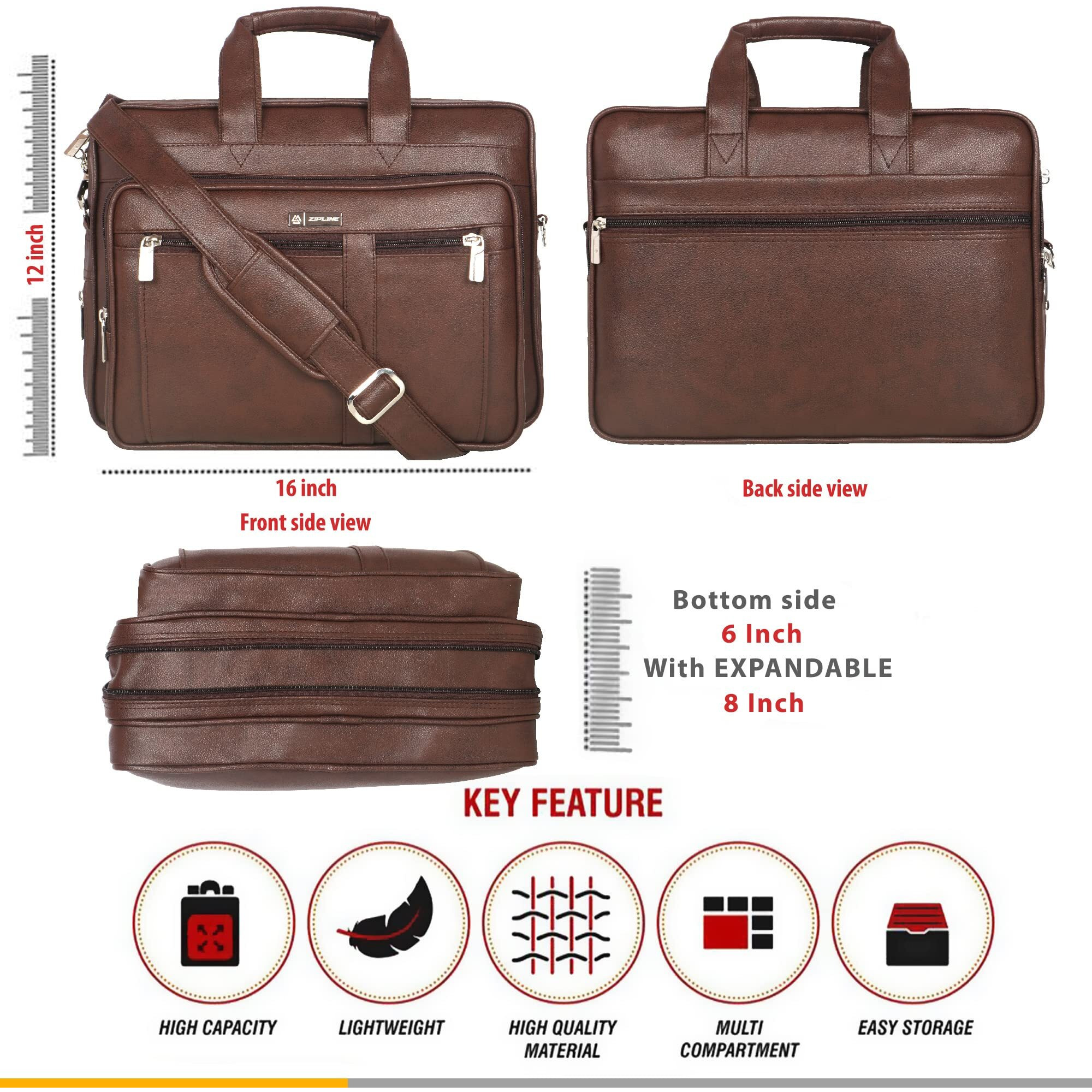 Zipline Office Synthetic Leather Laptop Bag For Men Women, 15.6" Compatible Laptop Messenger Bags For Men & Women (1-Brown Bag)