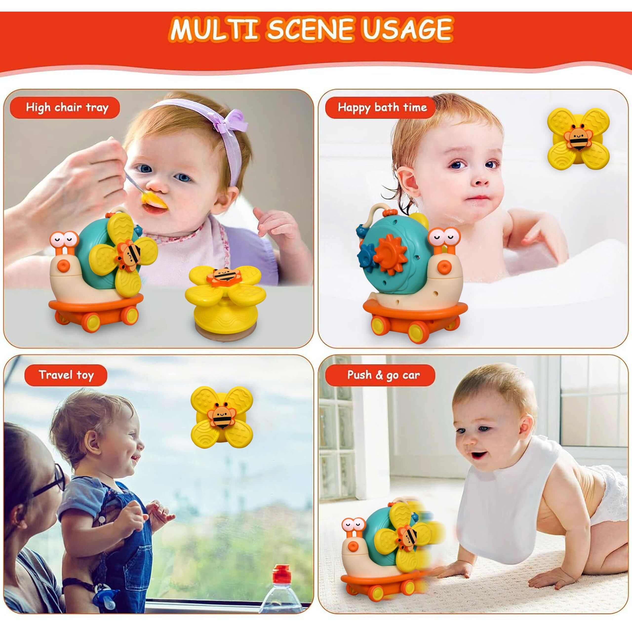 Tec Tavakkal Sensory Montessori Educational Toys Cute Animal Food Grade Silicone Baby Bath Toys Suction Cup Spinner Toys Convertible Push-And-Go Car Learning Activities Gifts For Kids