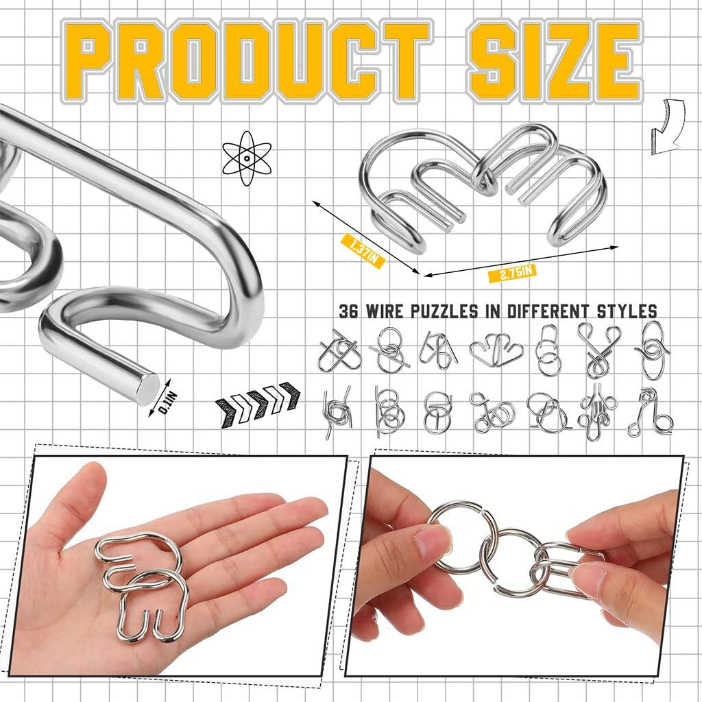 Patpat 36Pcs Brain Teasers Metal Wire Puzzle Game For Kids, Iq Tester, Brain Games Brain Improvement Device For Kids Adults, Fidget Toys Educational Toys, Disentanglement Puzzle Toys With Travel Bag