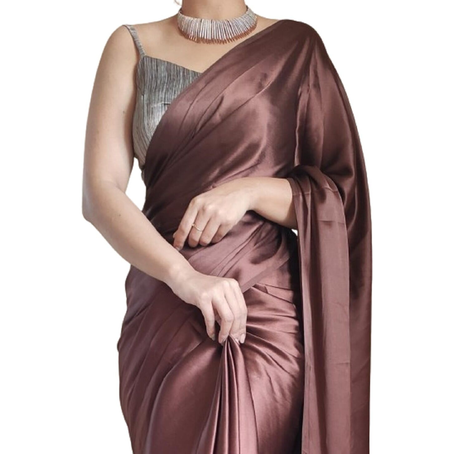 Shopaz Women's Ready To Wear Coffee Satin Silk 1 Minute Pre Pleated Heavy Saree With Unstitched Coffee Blouse