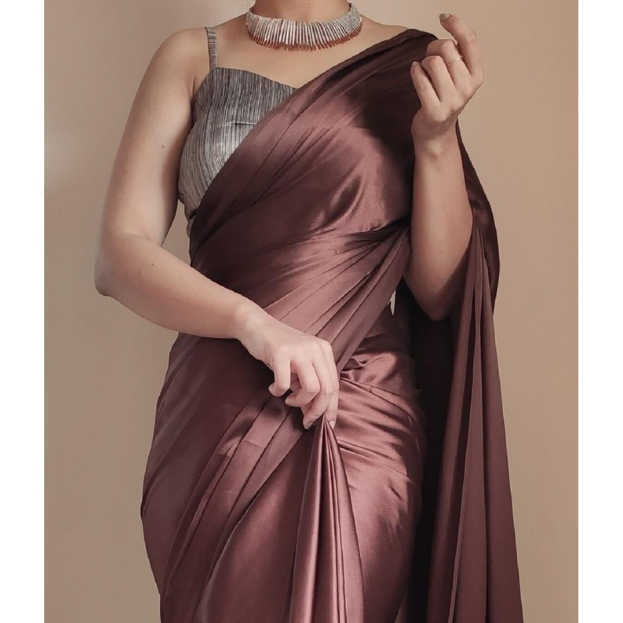 Shopaz Women's Ready To Wear Coffee Satin Silk 1 Minute Pre Pleated Heavy Saree With Unstitched Coffee Blouse