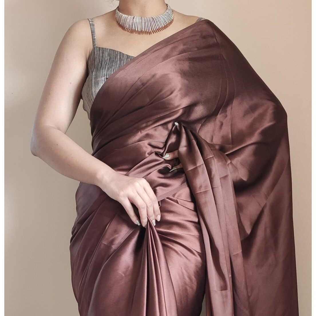 Shopaz Women's Ready To Wear Coffee Satin Silk 1 Minute Pre Pleated Heavy Saree With Unstitched Coffee Blouse