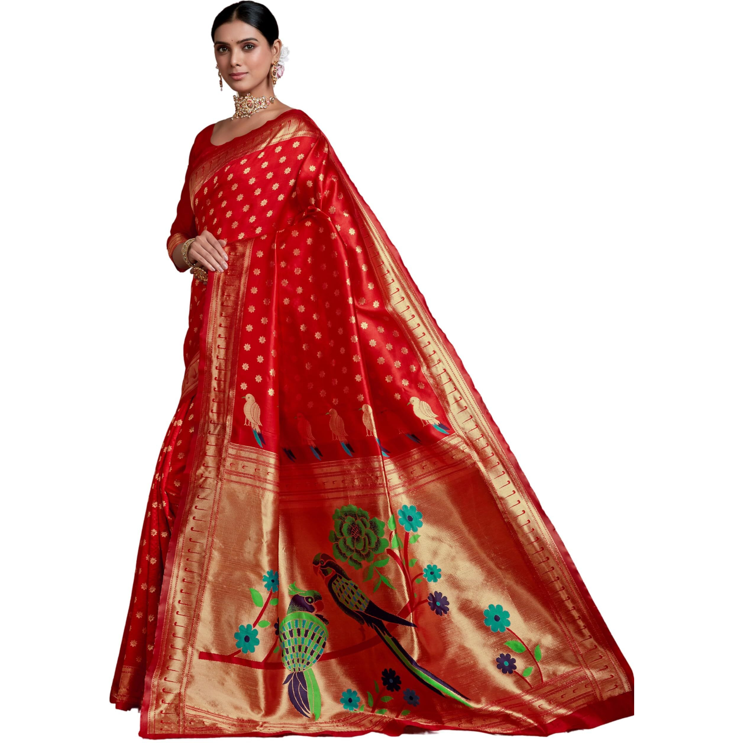 Ethnicjunction Women's Silk Blend Woven Paithani Saree With Blouse Piece, Red