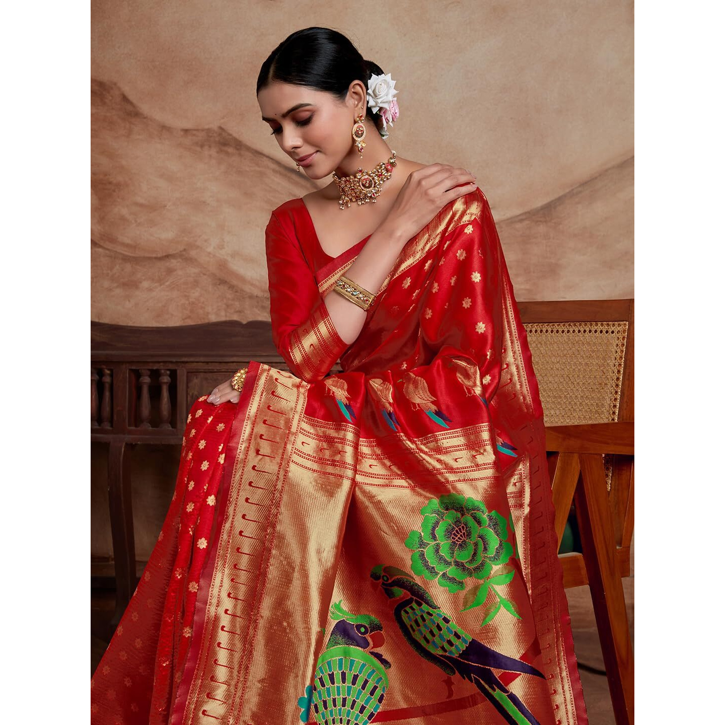 Ethnicjunction Women's Silk Blend Woven Paithani Saree With Blouse Piece, Red