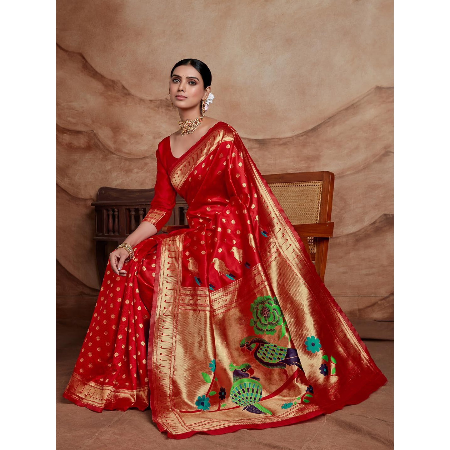 Ethnicjunction Women's Silk Blend Woven Paithani Saree With Blouse Piece, Red