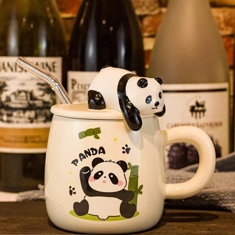 Vasukie Panda Coffee Mug With Lid & Glass Spoon, Mugs For Coffee, Rakhi For Brother, Birthday Gift, Ceramic Mug, 3D Panda Coffee Mug (420Ml  Panda White) (Panda Mug)