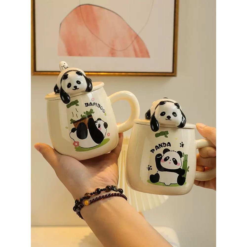 Vasukie Panda Coffee Mug With Lid & Glass Spoon, Mugs For Coffee, Rakhi For Brother, Birthday Gift, Ceramic Mug, 3D Panda Coffee Mug (420Ml  Panda White) (Panda Mug)