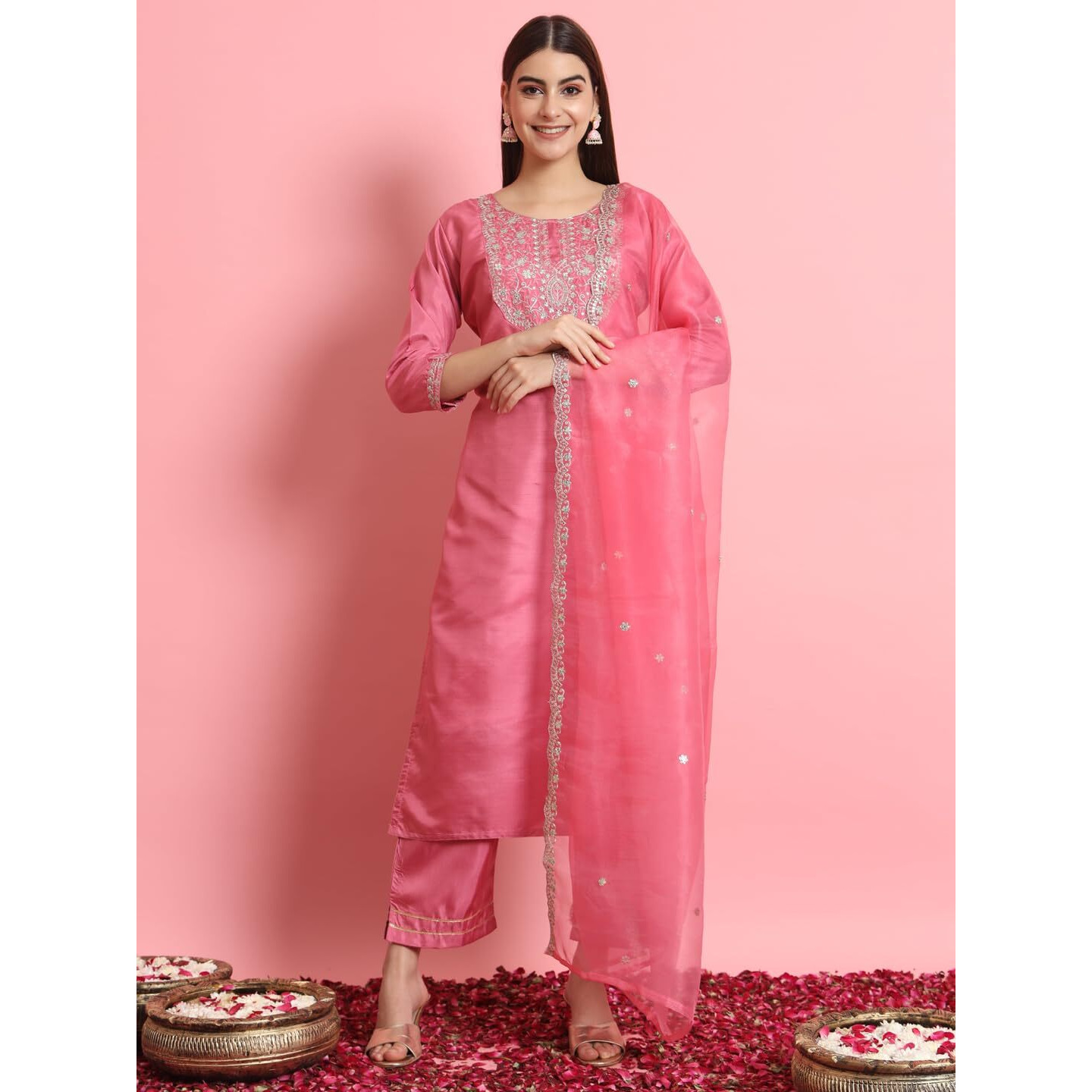 Vredevogel Women's Silk Blend Embroidered Kurta With Pant & Dupatta Set (Pink_Small)