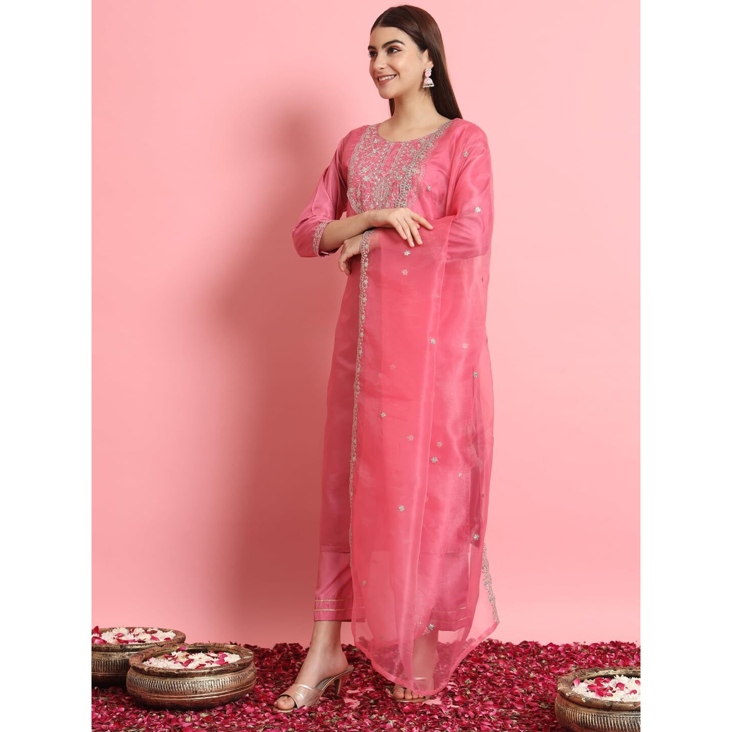 Vredevogel Women's Silk Blend Embroidered Kurta With Pant & Dupatta Set (Pink_Small)
