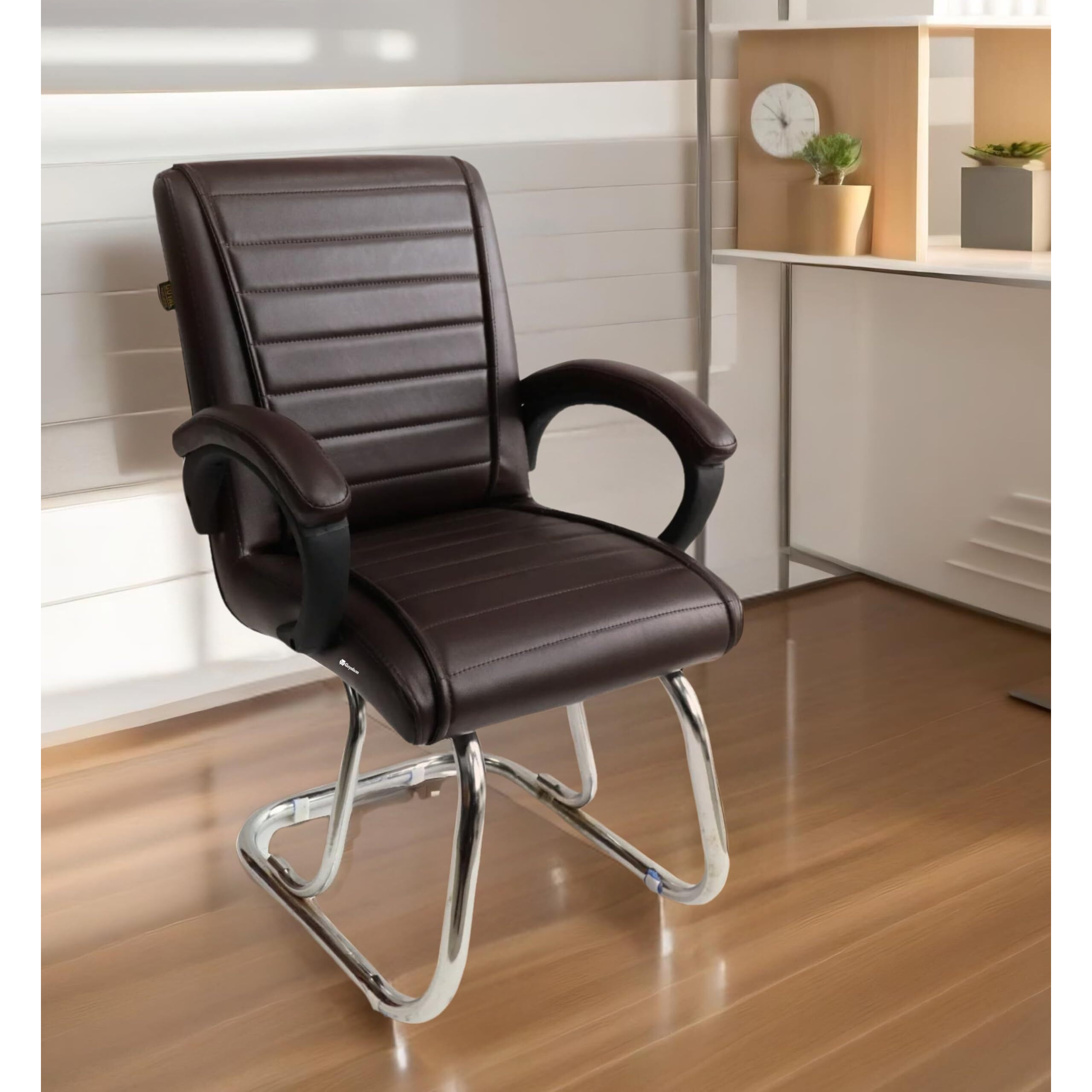 Goyalson Stainless Steel Home Exclusive Visitor Study Reception Office Guest Seating Solution Chair With Arm Rest And Heavy Frame With Cushioned Seat Back Visitor Chair (1, Coffee, Double Pipe Frame)