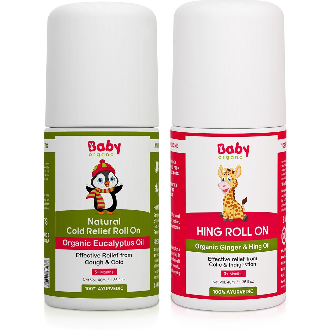 Baby Organo Combo Of Hing Roll On And Natural Cold Relief Roll On | 40Ml Each | 100% Ayurvedic | Fdca Approved | Cold & Nasal Congestion With Hing | Relieves In Tummy Discomfort Better Digestion Helps Baby To Breath Easy | Made In India