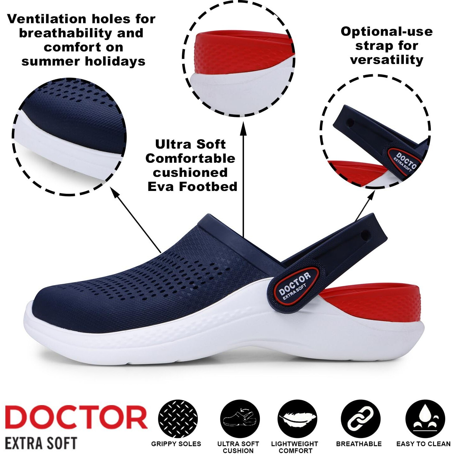 Doctor Extra Soft Men's Classic Casual Sports Clogs/Sandals With Adjustable Back Strap For Adult | Comfortable & Lightweight| Stylish & Anti-Skid| Waterproof & Everyday Use Mules For Gents/Boys D-513