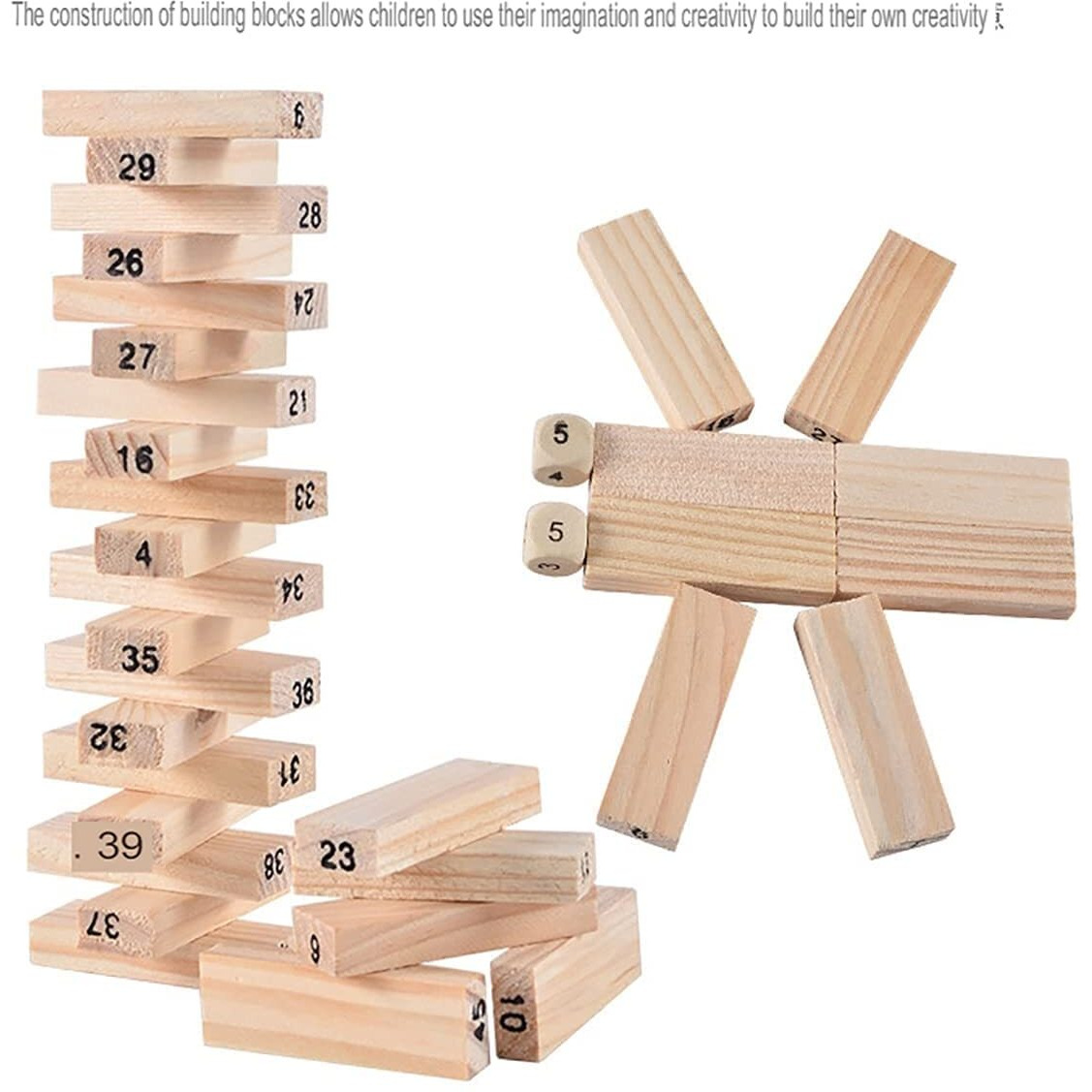 Prime Deals Wooden Blocks 51 Pcs 4 Dice Building Blocks Game Challenging Wooden Tumbling Tower, Wooden Stacking Toys With Dices Board Educational Puzzle Game For Adults And Kids (Wooden)