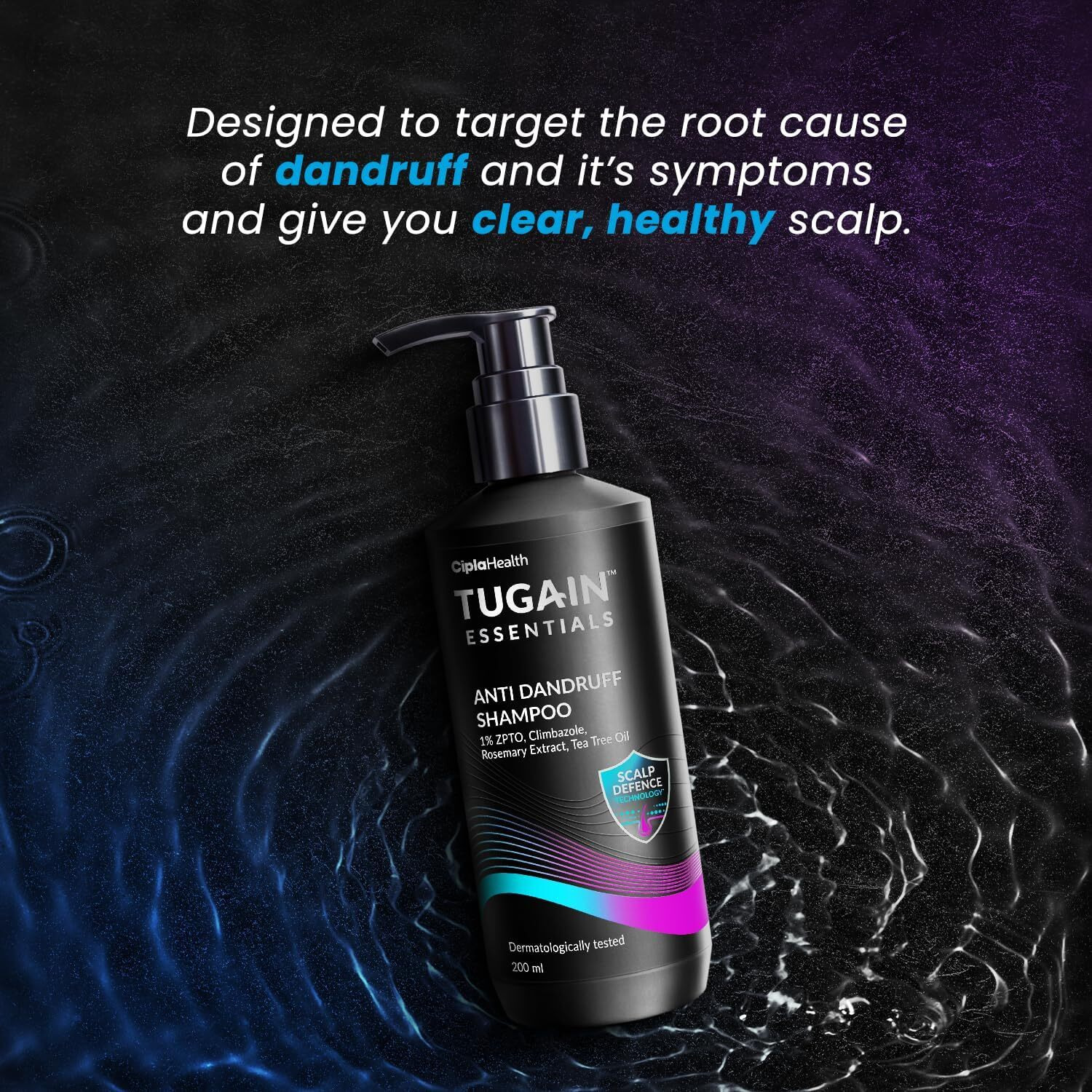 Tugain Essentials Anti Dandruff Shampoo (200Ml) | With Zinc Pyrithione, Climbazole,Rosemary Extract & Tea Tree Oil| Eliminates Dandruff, Reduces Flakes, Calms Scalp |Sulphate & Paraben Free
