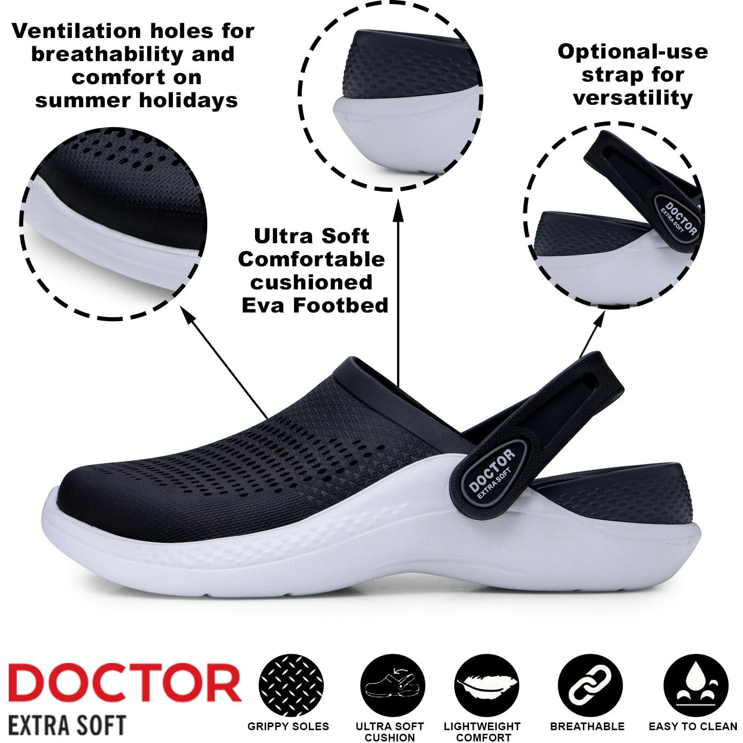 Doctor Extra Soft Men's Classic Casual Sports Clogs/Sandals With Adjustable Back Strap For Adult | Comfortable & Lightweight| Stylish & Anti-Skid| Waterproof & Everyday Use Mules For Gents/Boys D-513