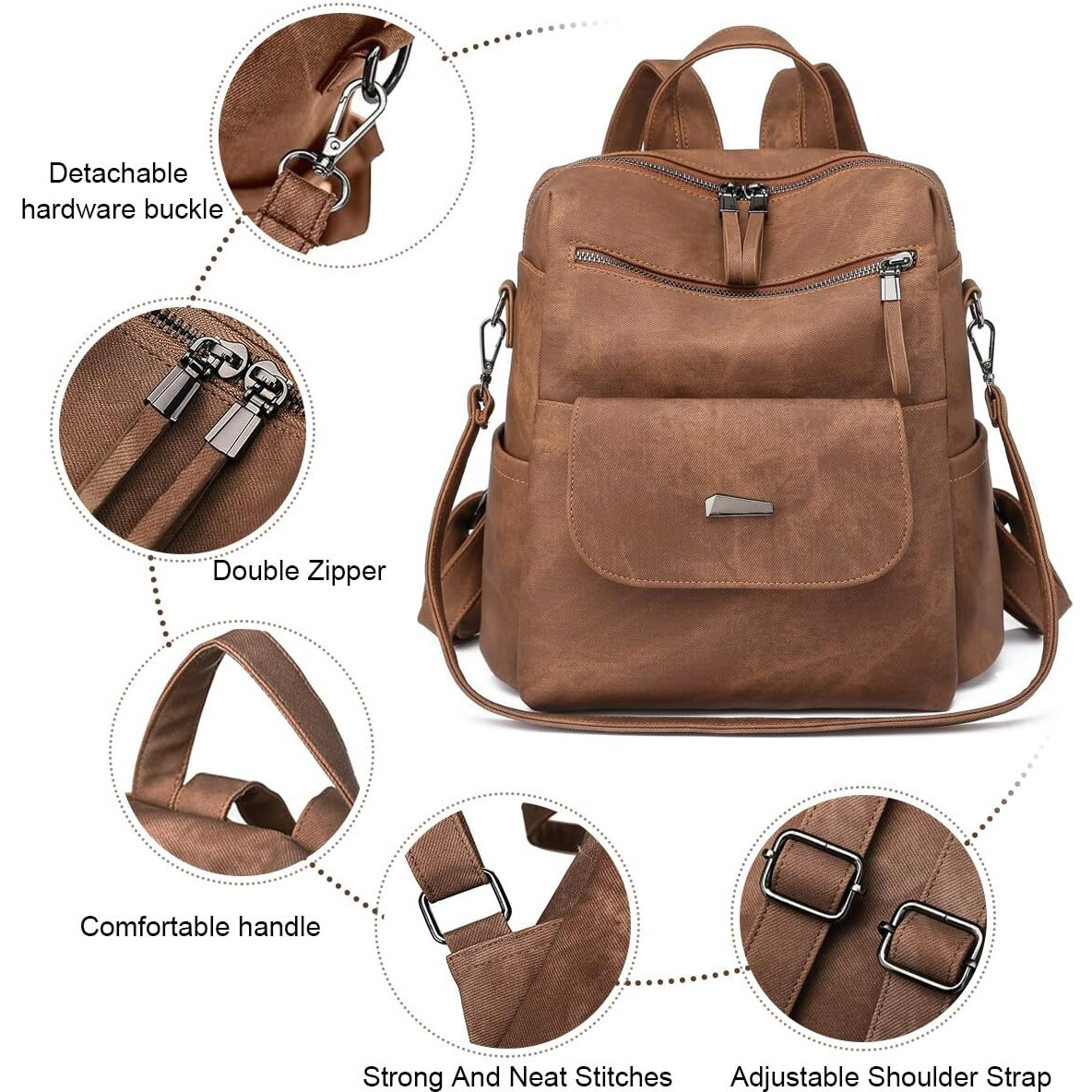 Palay Pu Leather Backpack For Women Stylish College Bag For Girls Soft Backpack For Girls Travel Backpacks Vintage Shoulder Bags Casual Handbags Sling Shoulder Bags Gifts For Women And Girls - Brown