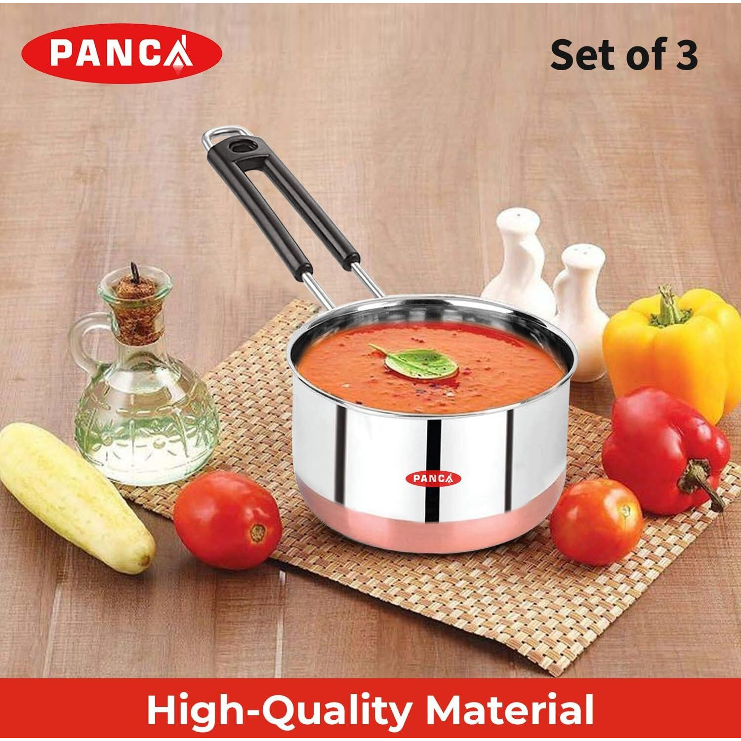 Panca Sauce Pan Set For Tea, Milk Pan, Copper Sauce Pan Combo Set Gas And Induction Compatible - 1, 1.5 And 2.5 Litre Capacity, Sauce Pot Cookware With Handle- Set Of 3