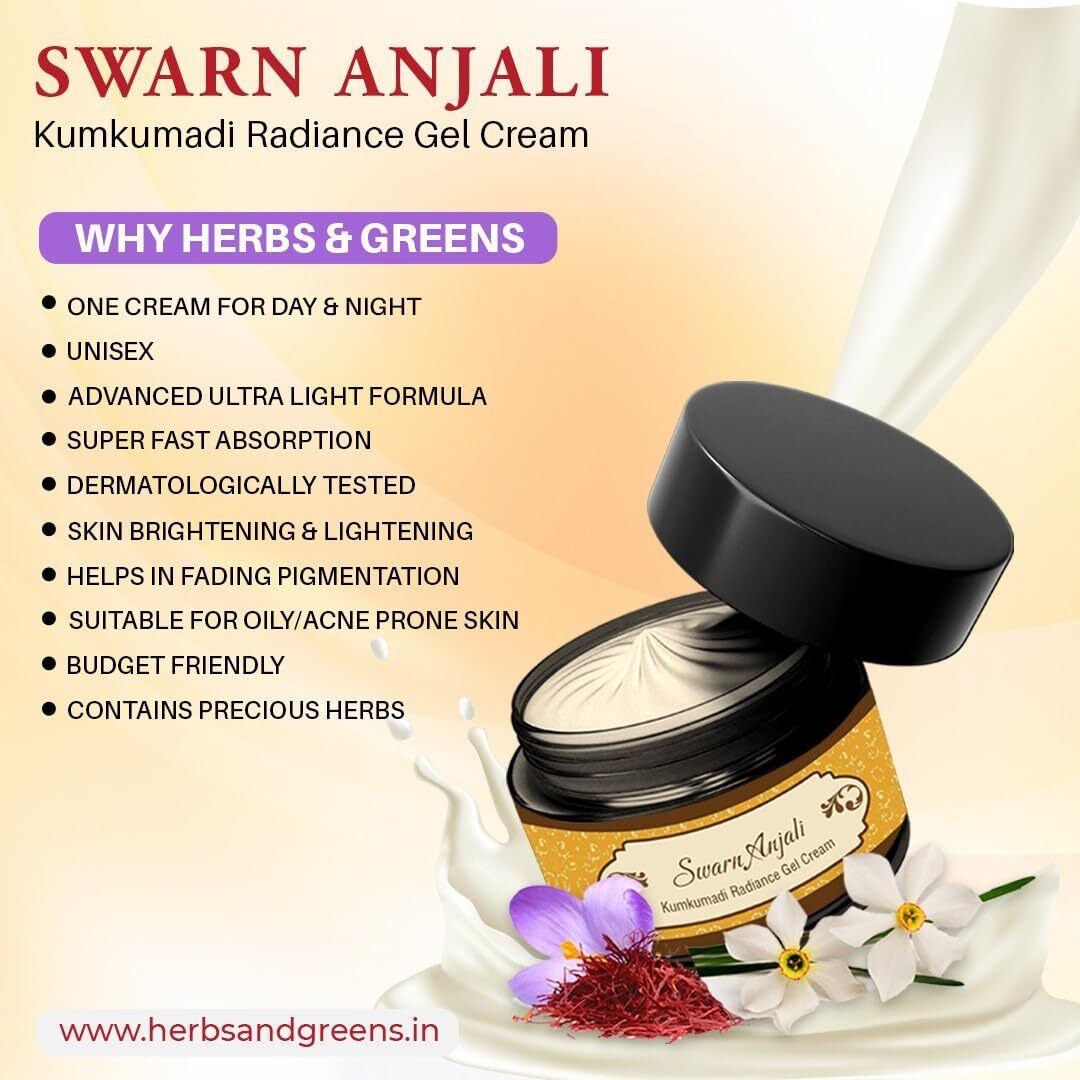 Herbs & Greens Greens Ayurvedic Kumkumadi Radiance Moisturising Face Cream|Hydration, Glow & Skin Brightening|Pigmentation & Spots|Anti Aging Day & Night Face Moisturizer For Woman & Men, 50 Gm