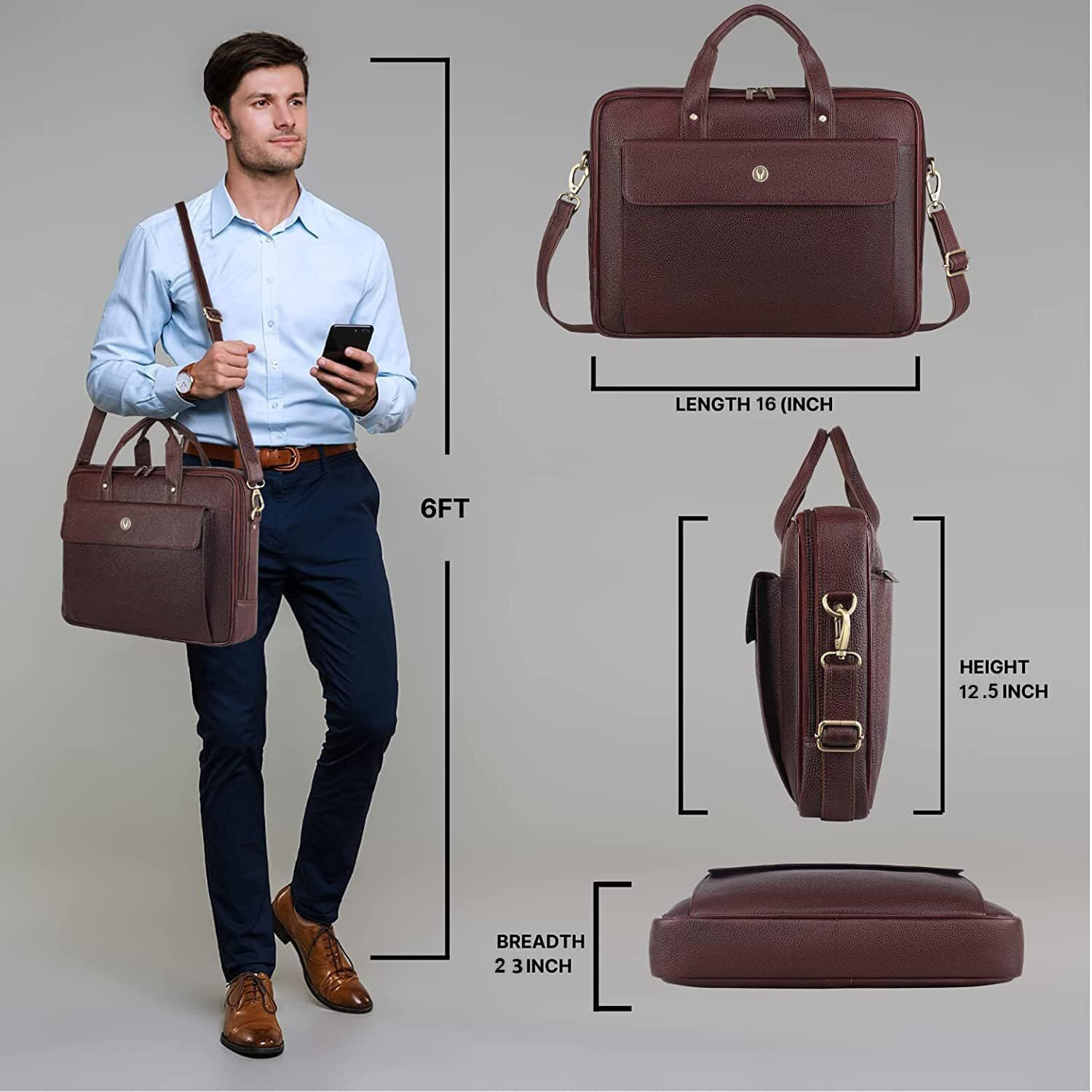 Wildhorn Leather Laptop Messenger Bags For Men I Fits Upto 15.6 Inch Laptop/Macbook I Padded Laptop Compartment I Carry Handles With Adjustable Strap I Dimension  L-16 Inch W-3 Inch H-12 Inch, Brown