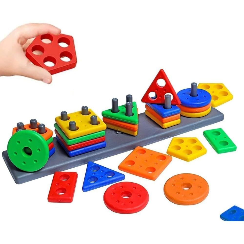 Sky Tech Plastic Geometric Blocks, Sorting & Stacking Toys For Toddlers And Kids Preschool, Color Stacker Shape Sorter Gift Educational Blocks Learning Toy For 3 Years Old Boys And Girls, 26 Pcs