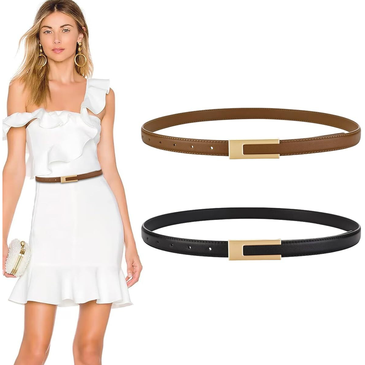 Palay 2Pcs Women Belts For Jeans Dresses Pants Ladies Leather Waist Belt With Gold Buckle