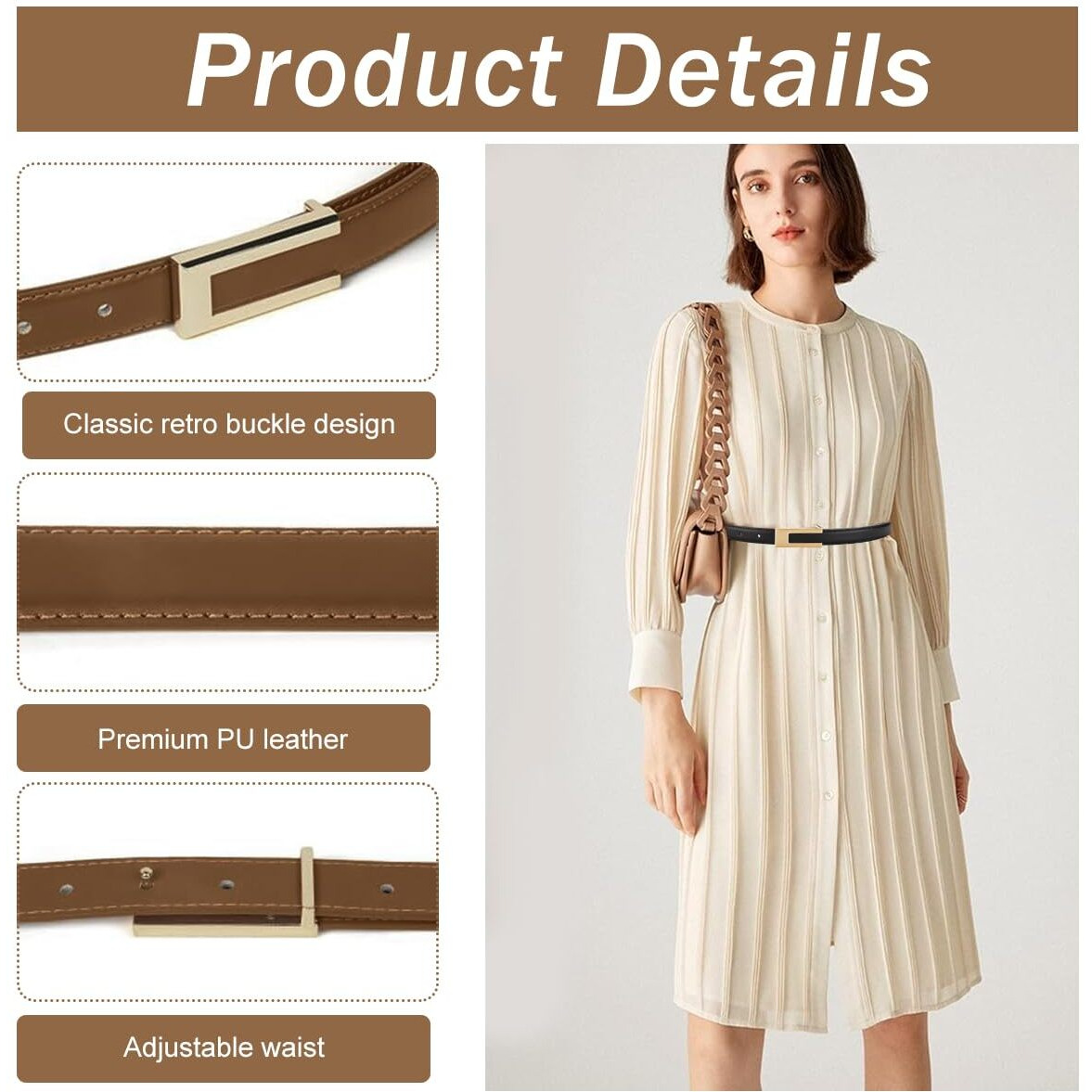 Palay 2Pcs Women Belts For Jeans Dresses Pants Ladies Leather Waist Belt With Gold Buckle