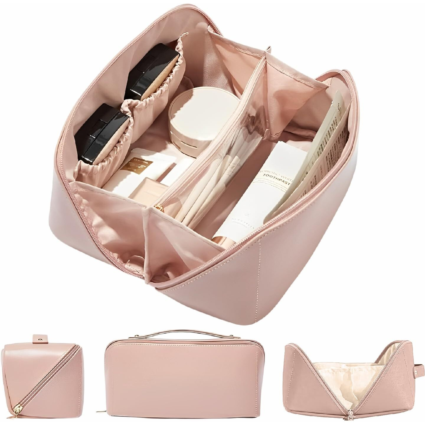 Jd Fresh Wide Opening Leather Makeup Organizer Bag/Large Capacity Cosmetic Pouch With Partition & Carry Strap/Portable Toiletry & Vanity Bag For Women/Travel Makeup Bag(Pink)