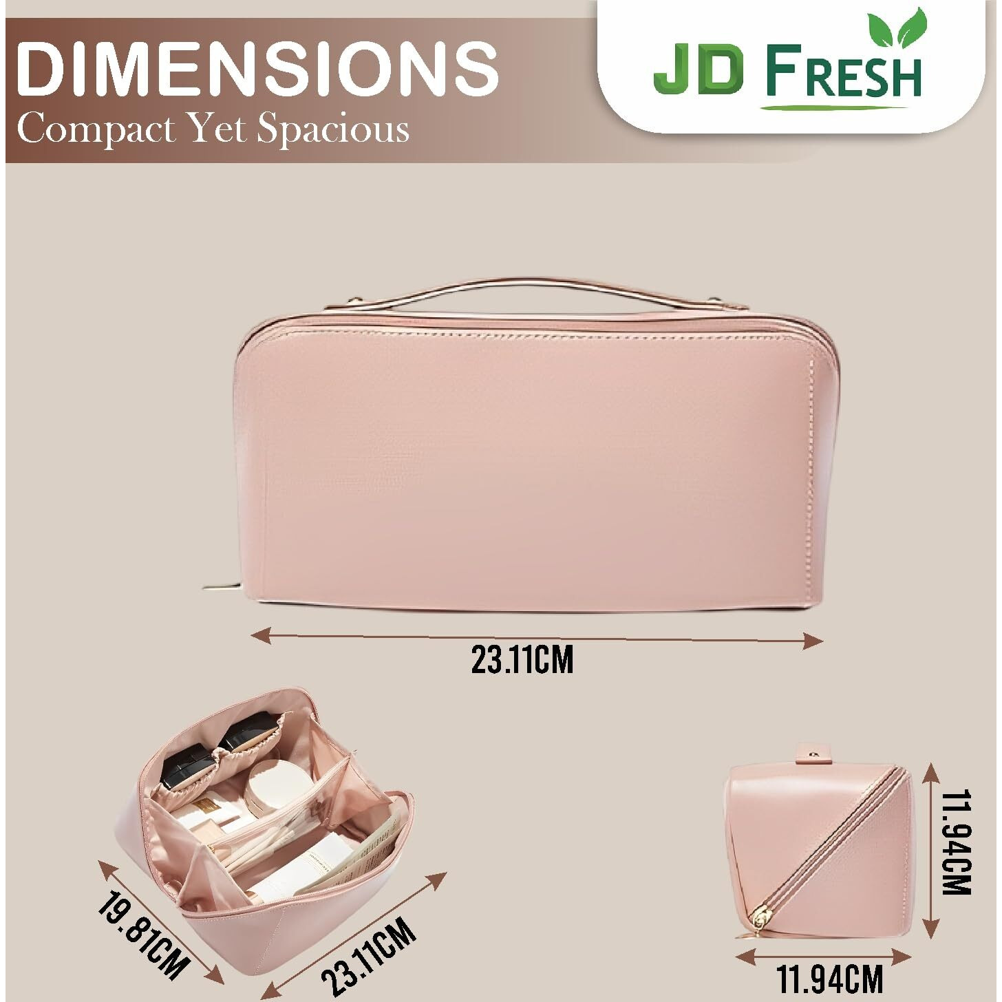 Jd Fresh Wide Opening Leather Makeup Organizer Bag/Large Capacity Cosmetic Pouch With Partition & Carry Strap/Portable Toiletry & Vanity Bag For Women/Travel Makeup Bag(Pink)