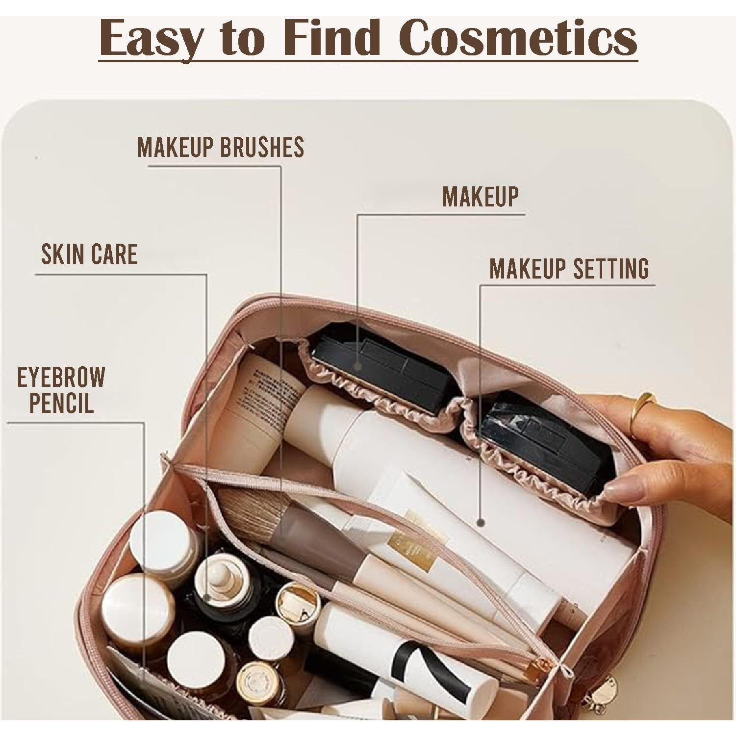 Jd Fresh Wide Opening Leather Makeup Organizer Bag/Large Capacity Cosmetic Pouch With Partition & Carry Strap/Portable Toiletry & Vanity Bag For Women/Travel Makeup Bag(Pink)