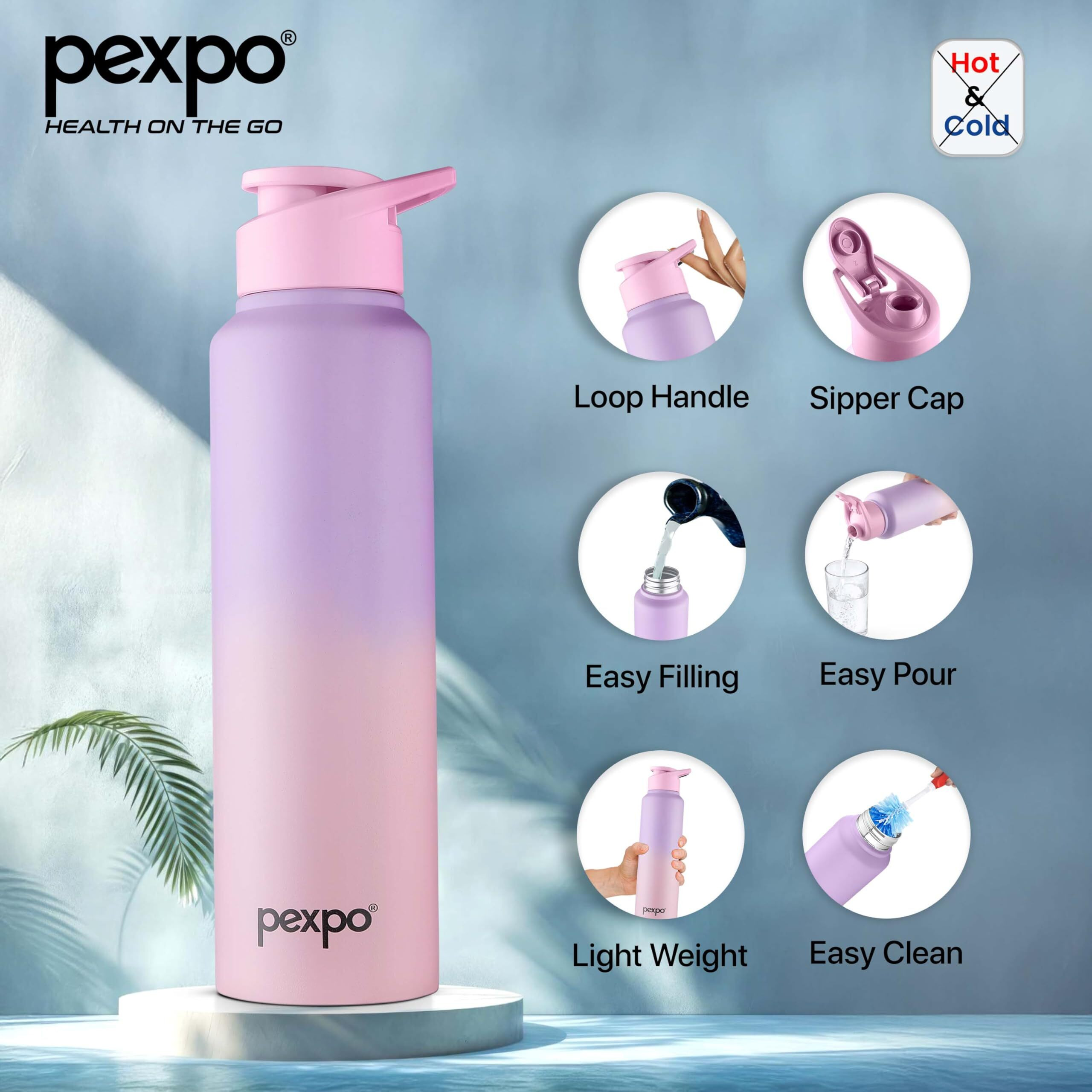 Pexpo Craft Pro Stainless Steel Sports/Fridge Water Bottle With Sipper Cap, 1000Ml, Purple-Pink Ombre | Eco Friendly | Bpa Free | Water Bottle For Office, Gym, School, Yoga, Trekking, Adults & Kids