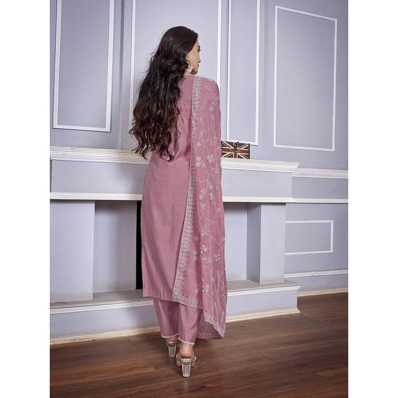 Royal Export Women's Chanderi Ethnic Motifs Embroidered Straight Kurta Pant With Dupatta (Rx154-Surbhipink-Skd_Mauve Pink_S)