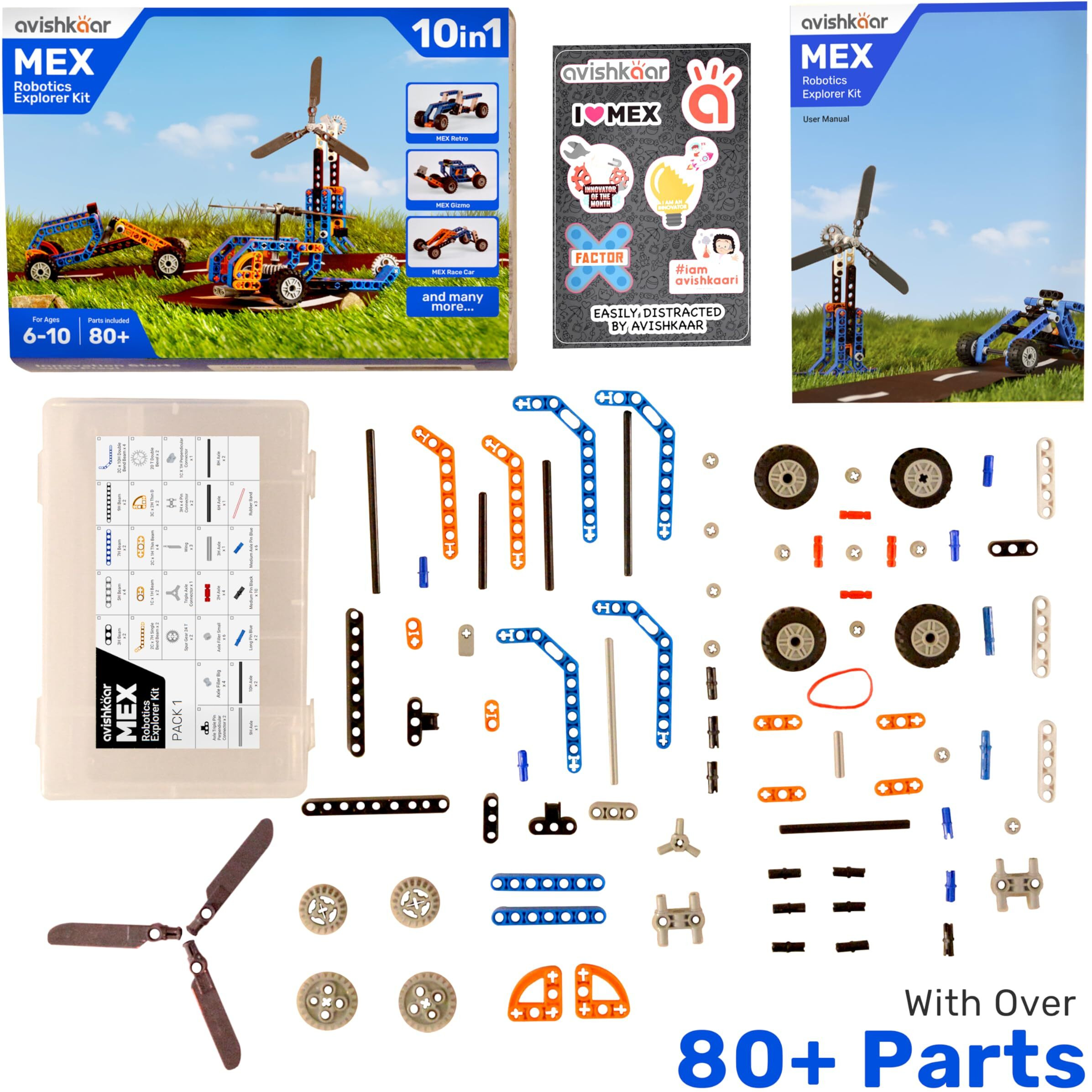 Avishkaar Mex Robotic Explorer Kit, 10-In-1 Diy Robotics Science Kit, Learning Toys For Boys And Girls Aged 6,7,8,9,10, Building And Construction Set With 80+ Parts, Educational Gift For Boys & Girls