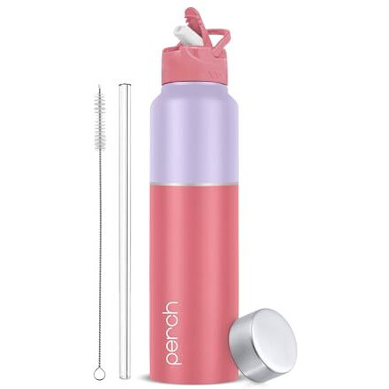 Perch Magic Stainless Steel Sports/Fridge Water Bottle With Straw Sipper + Steel Cap & Cleaner Brush, 1 Litre, Baby Pink | Bpa Free | Water Bottle For Office, Gym, School, Yoga, Adults & Kids