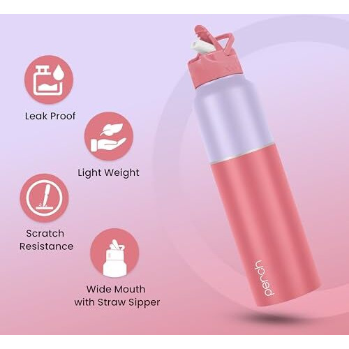 Perch Magic Stainless Steel Sports/Fridge Water Bottle With Straw Sipper + Steel Cap & Cleaner Brush, 1 Litre, Baby Pink | Bpa Free | Water Bottle For Office, Gym, School, Yoga, Adults & Kids