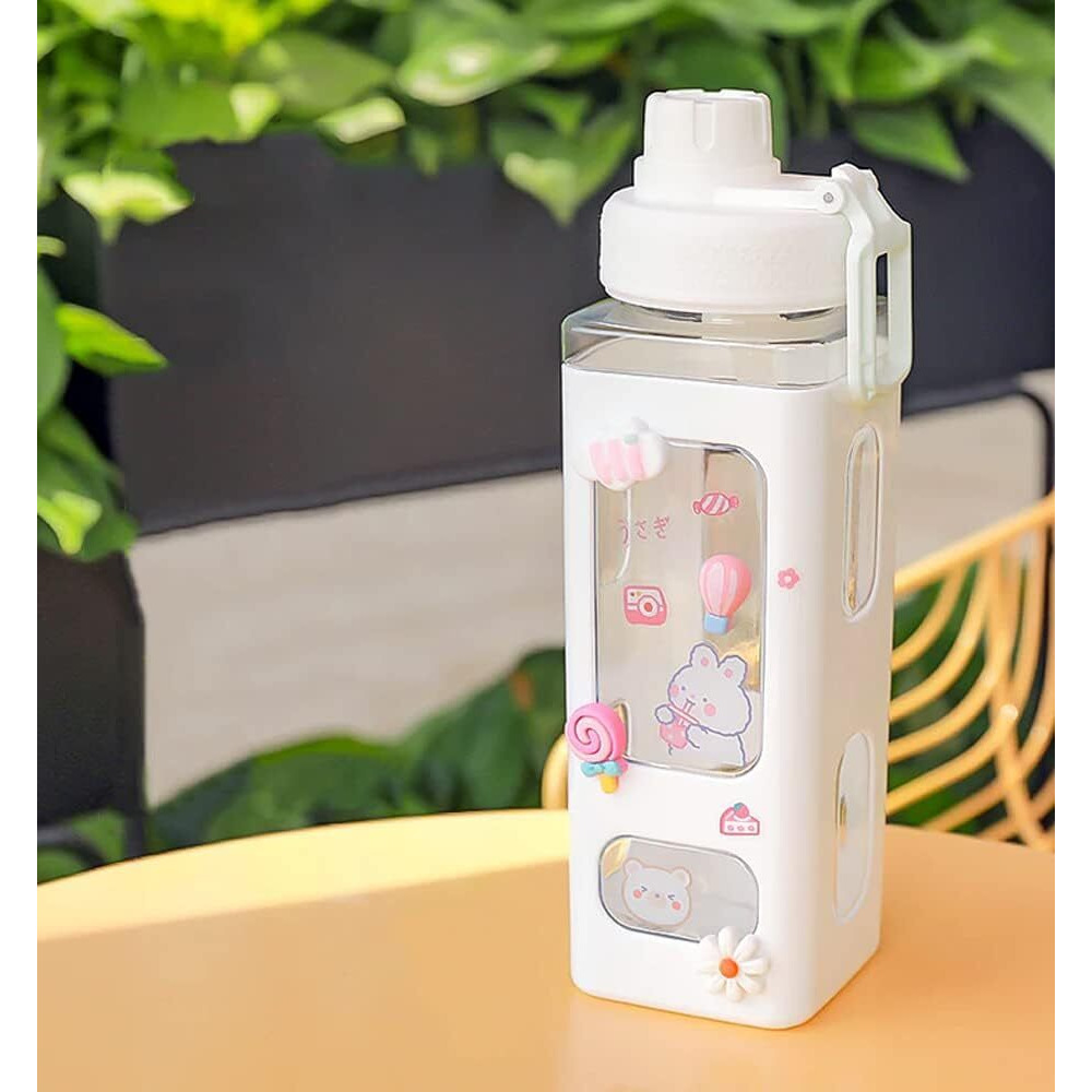 Pelton Kawaii Water Bottle With Straw And Sticker, Kawaii Bear Water Bottle, Large Sport Plastic Portable Square Drinking Bottle For Girl, Cute Juice Tea Water Cups (White), 700 Ml
