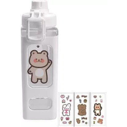 Pelton Kawaii Water Bottle With Straw And Sticker, Kawaii Bear Water Bottle, Large Sport Plastic Portable Square Drinking Bottle For Girl, Cute Juice Tea Water Cups (White), 700 Ml