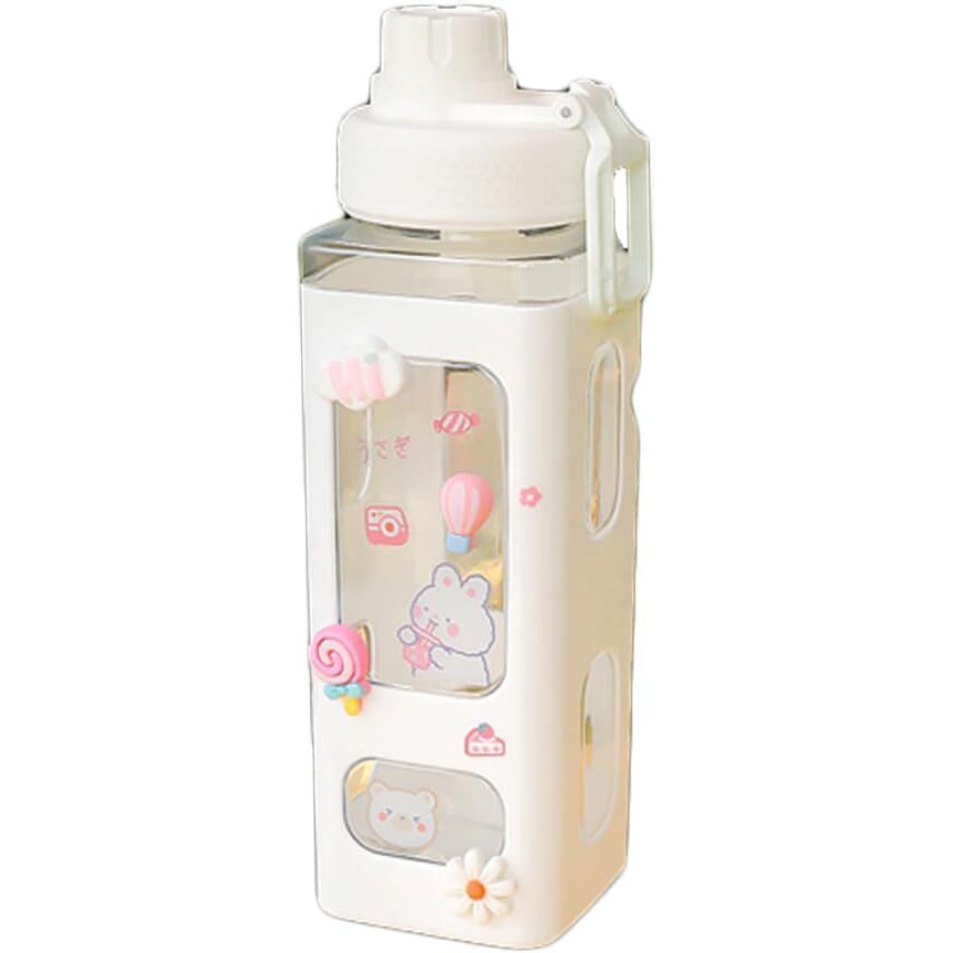 Pelton Kawaii Water Bottle With Straw And Sticker, Kawaii Bear Water Bottle, Large Sport Plastic Portable Square Drinking Bottle For Girl, Cute Juice Tea Water Cups (White), 700 Ml