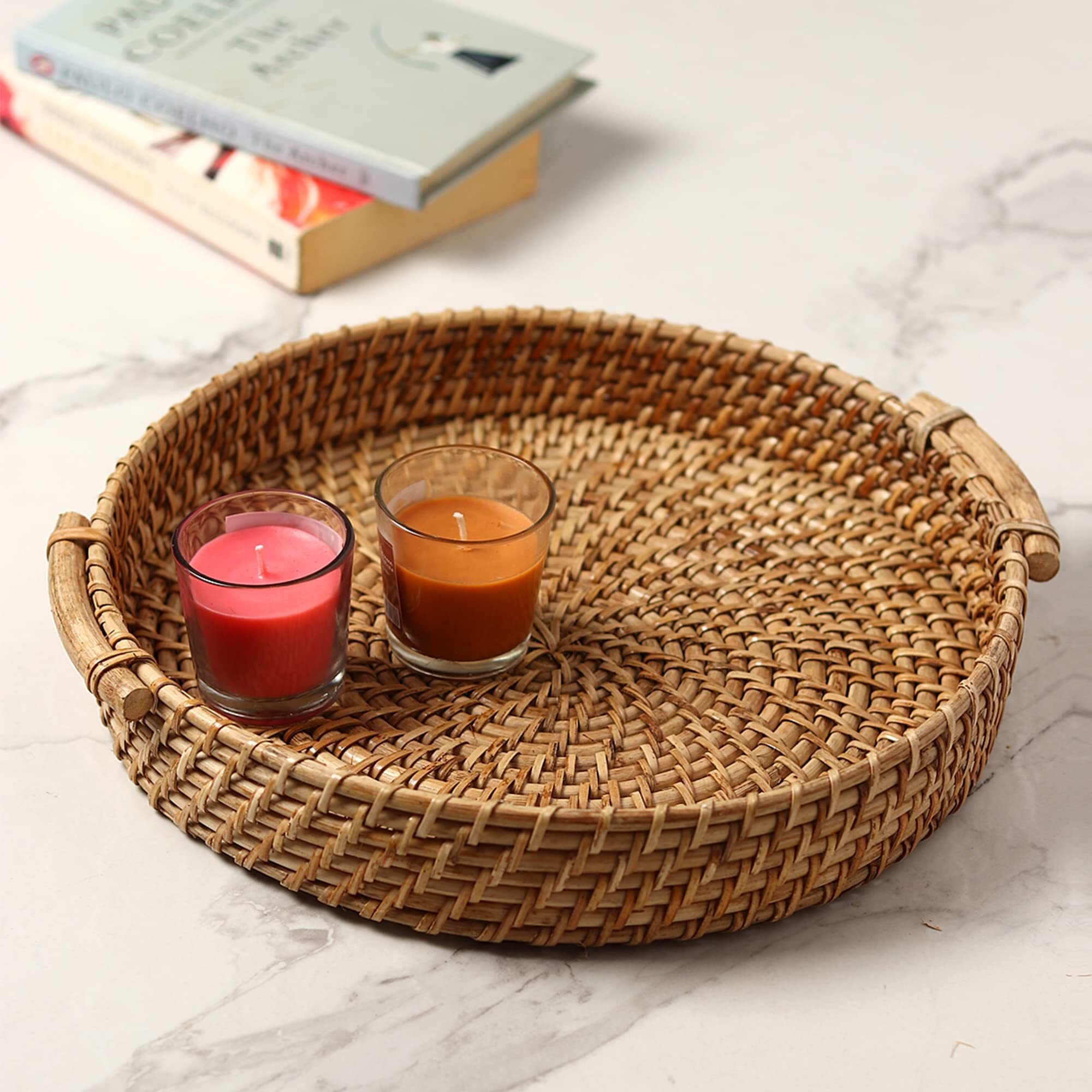 Habere India-All The Cultures Fabricating India Bamboo Serving Tray | Wooden Tray | Tray For Serving | Rattan Serving Tray | Tea Tray | Wooden Tray For Decoration - Round, Brown (Dia-31 X H8 Cm)