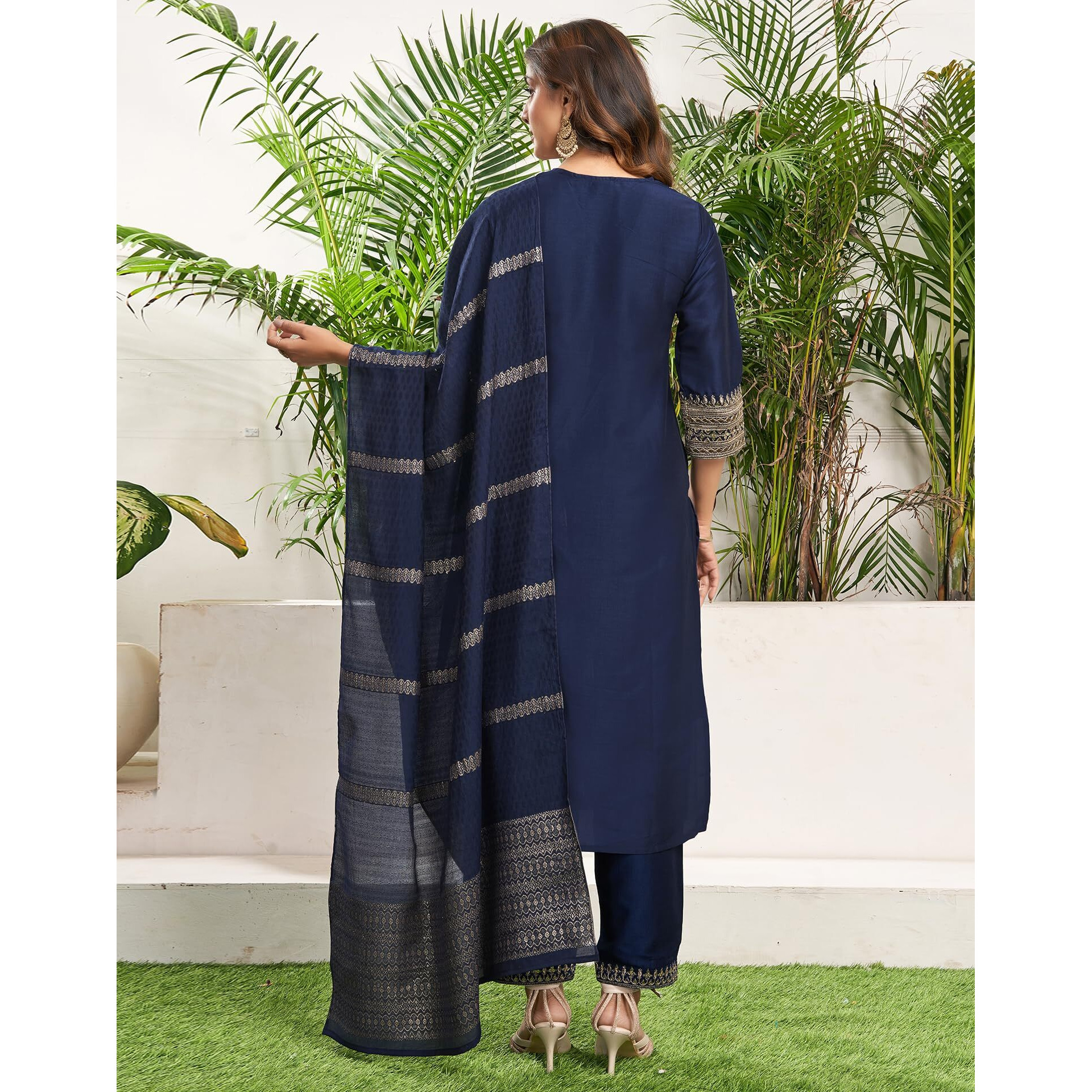 Siril Women's Cotton Silk Sequence Embroidered Straight Kurta Pant With Dupatta Set (195Kbd2075-M_Dark Blue)