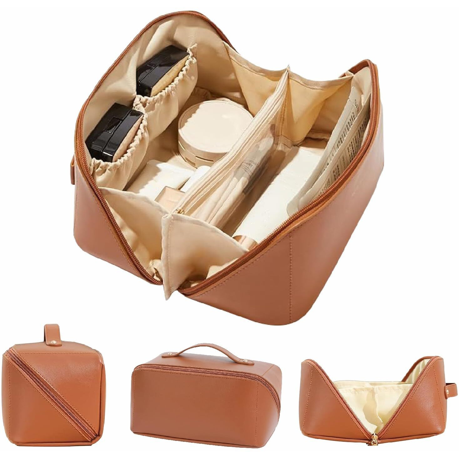 Jd Fresh Wide Opening Leather Makeup Organizer Bag/Large Capacity Cosmetic Pouch With Partition & Carry Strap/Portable Toiletry & Vanity Bag For Women/Travel Makeup Bag(Brown)