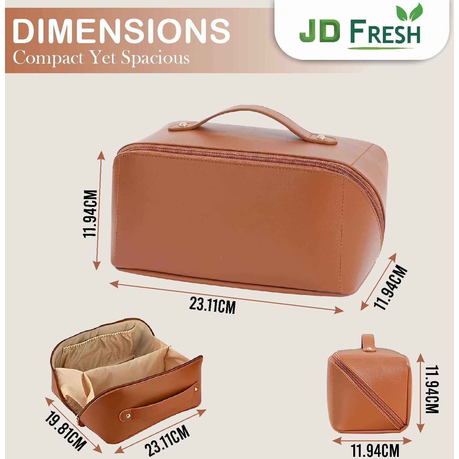 Jd Fresh Wide Opening Leather Makeup Organizer Bag/Large Capacity Cosmetic Pouch With Partition & Carry Strap/Portable Toiletry & Vanity Bag For Women/Travel Makeup Bag(Brown)
