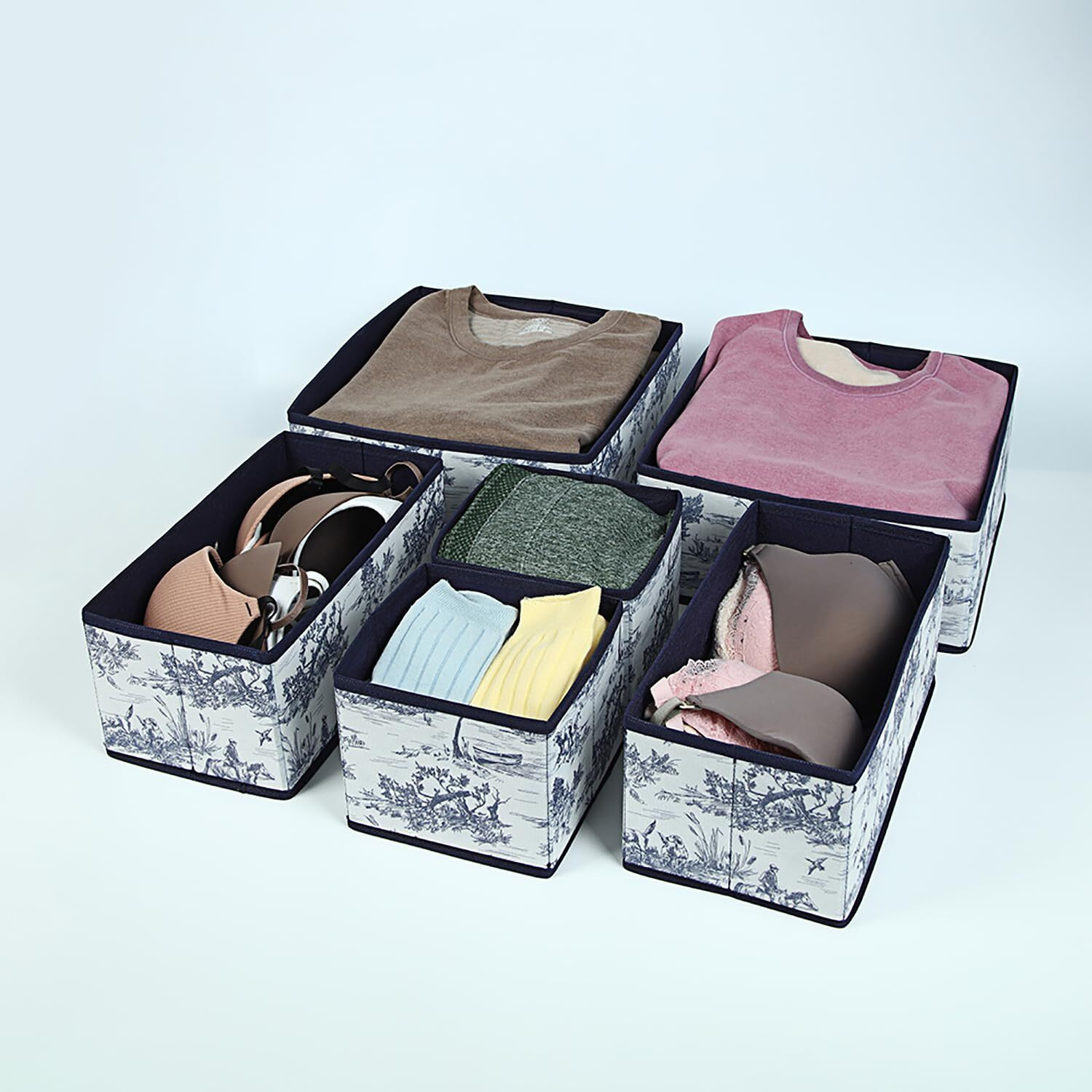 House Of Quirk Foldable Cloth Storage Box Closet Dresser Drawer Organizer Cube Basket Bins Containers Divider With Drawers For Underwear, Bras, Socks, Ties, Scarves, Set Of 6 (Greek Blue)