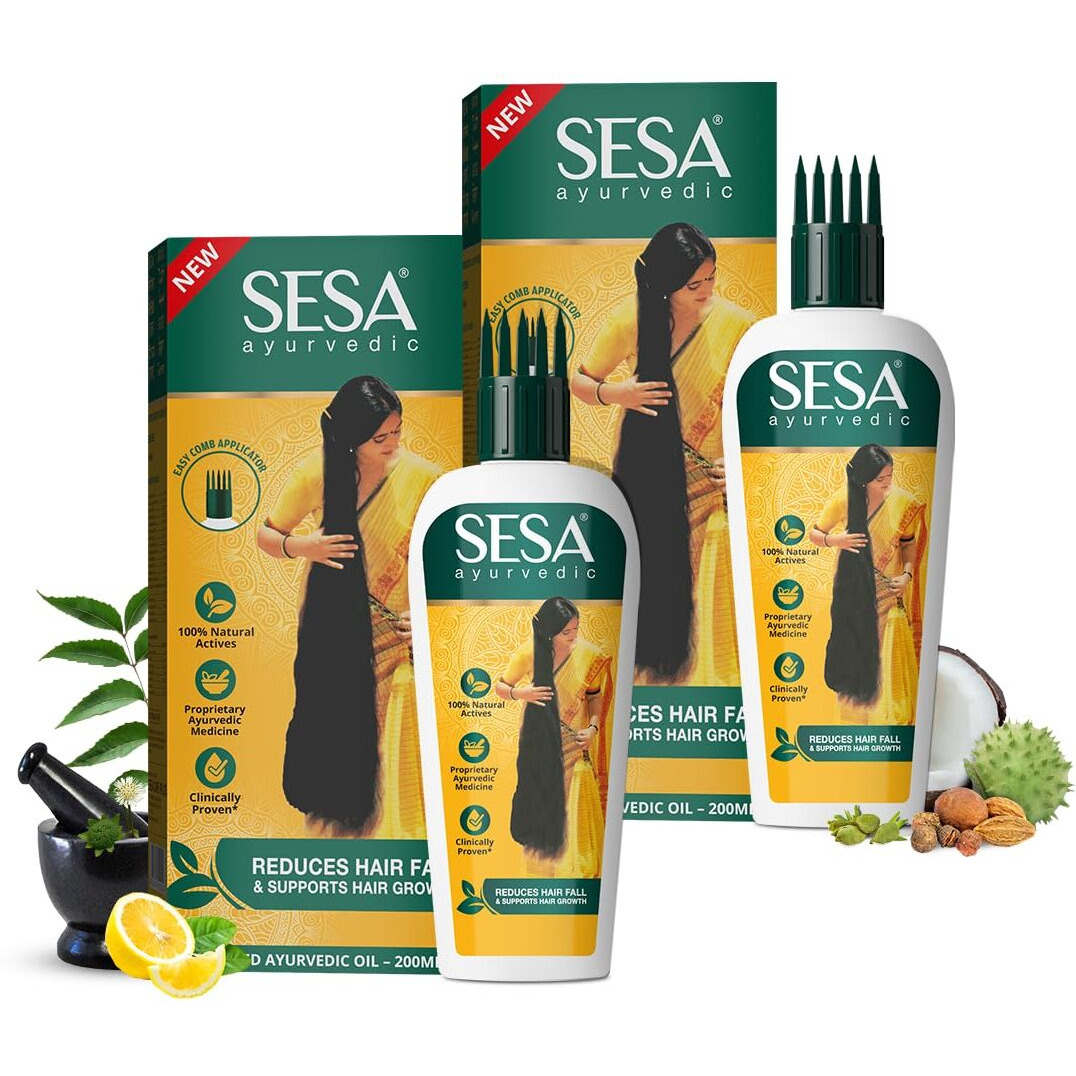 Sesa Ayurvedic Hair Oil With Bhringraj & 17 Rare Herbs With Coconut Oil And 4 Nourishing Oil For Hair Growth Help Control Hair Fall With Easy Oil Applicator For Women And Men (400 Ml)