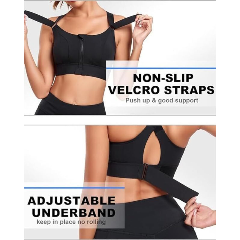 Glamoras Women Polyester Spandex High Impact Front Zip Sports Bra Longline Fitness Criss Cross Back Crop Tops Tank Gym Yoga Workout, Size M-2Xl (3Xl, Black-839)