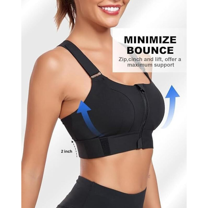 Glamoras Women Polyester Spandex High Impact Front Zip Sports Bra Longline Fitness Criss Cross Back Crop Tops Tank Gym Yoga Workout, Size M-2Xl (3Xl, Black-839)