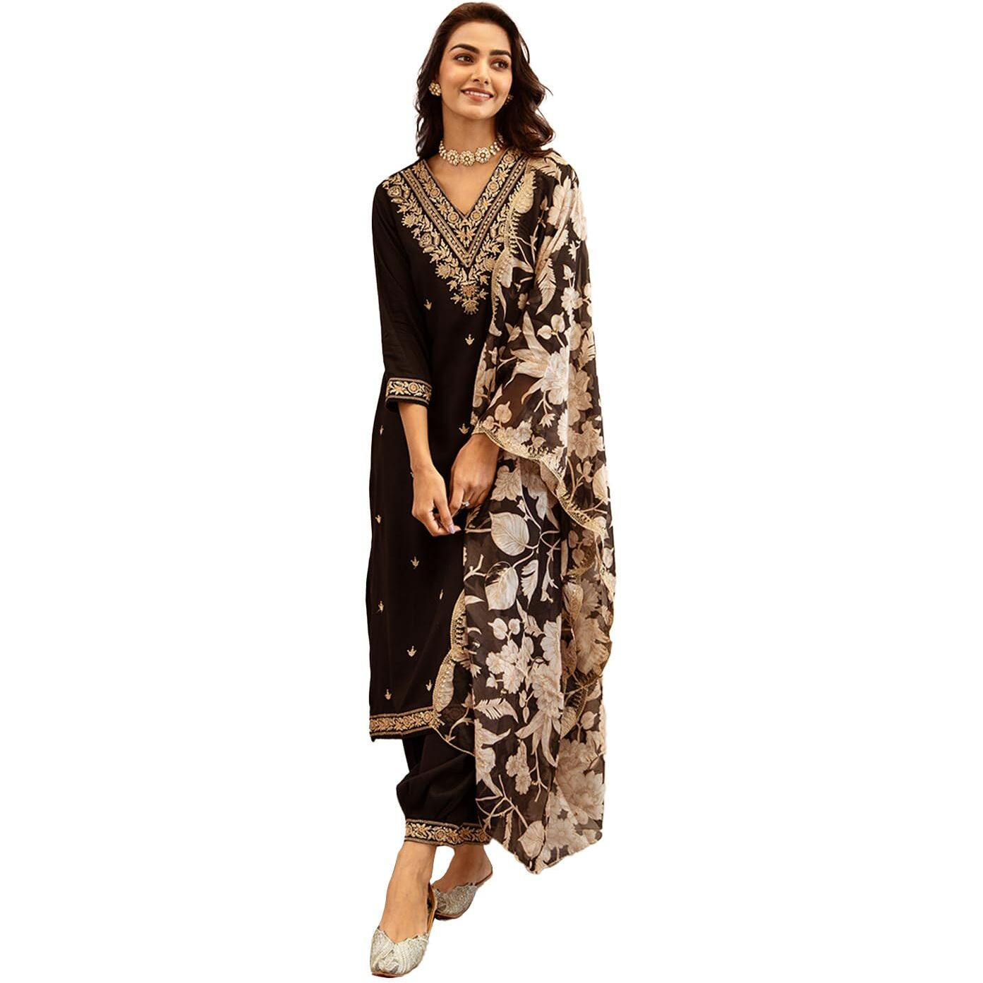 Indo Era Women's Black Viscose Rayon Embroidered Straight Kurta And Pant With Dupatta Set (Kh5Bk6147_Large)