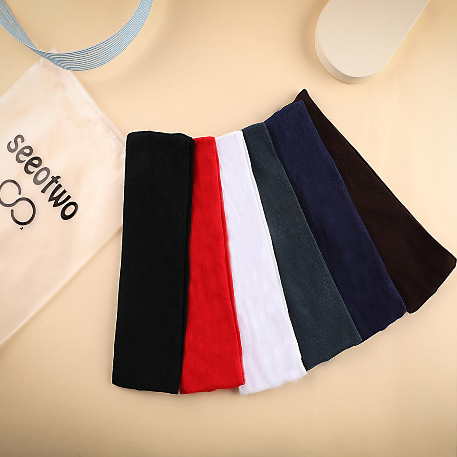 Seeotwo Elastic Sports Headbands - Athletic Hair Headband Women,Men,Boys,Girls Thin Soft Cotton Stretchy Non-Slip Stylish Sweat Band Running Yoga (6),Black,Red,Gray,Brown,White,Navy Blue)