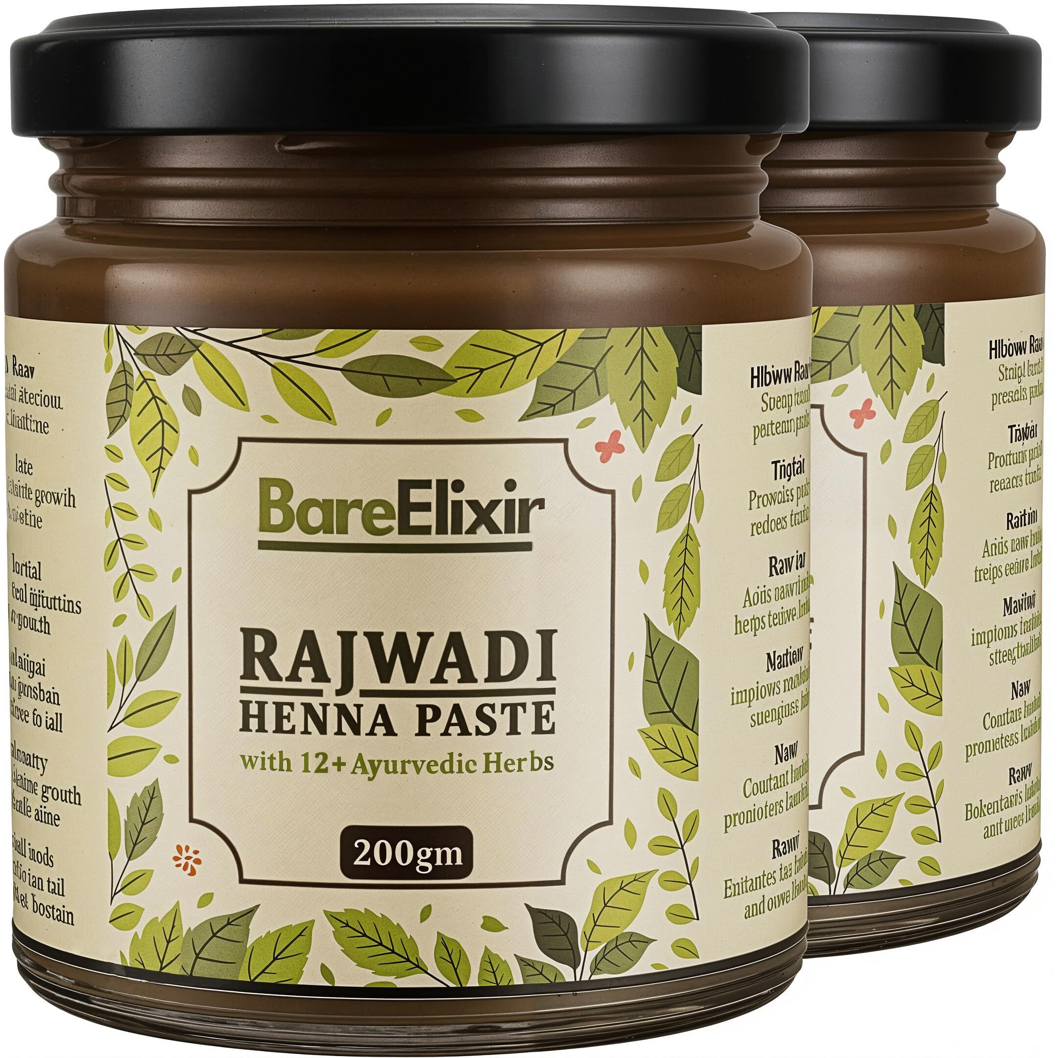 Bare Elixir Henna Paste | Pre-Soaked In Black Tea & 12+ Ayurvedic Herbs | 100% Natural Rajasthani Sojat Henna For Hair | Ready-To-Use, Chemical-Free Henna For Men & Women | Rich Brown Hair Color | Pure Herbal Mehndi For Nourished & Naturally Colored Hair (200Gm X 2)